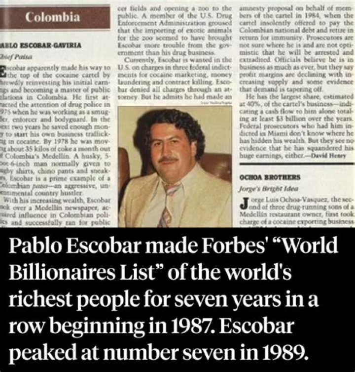 2. Escobar made the Forbes' list of international billionaires for