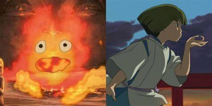 A split image showing Calcifer from Howl's Moving Castle on the left and Haku from Spirited Away on the right.