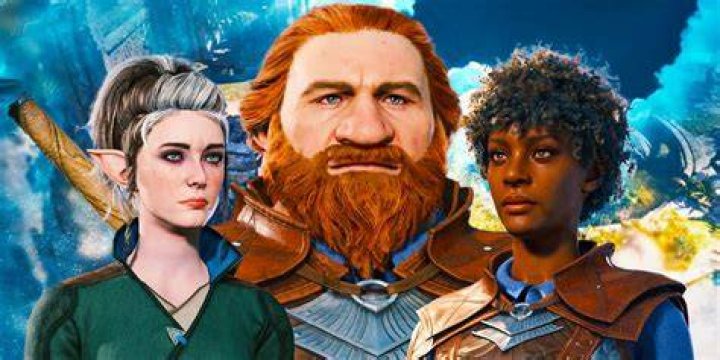 An elf, dwarf and human custom characters from Baldur's Gate 3 stare into the middle distance.