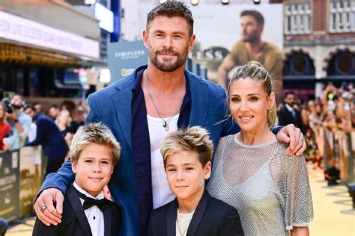 Chris Hemsworth and and his wife Elsa Pataky pose for a photo with their twin boys Tristan and Sasha at a red carpet event for the movie premiere of Thor: Love and Thunder. Photo / AP