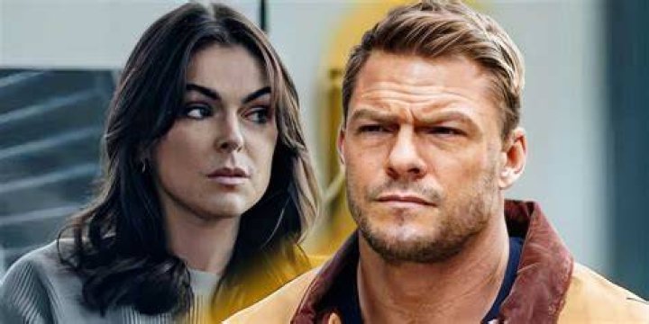 Collage Serinda Swan as Karla Dixon and Alan Ritchson as Jack Reacher looking serious in Amazon's Reacher