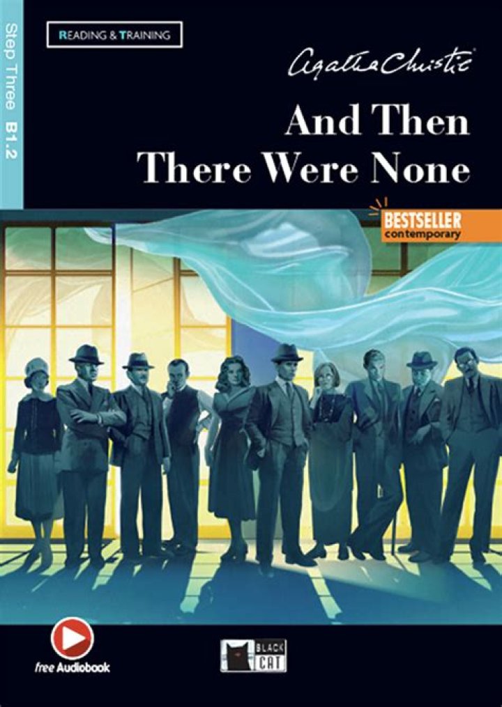 Cover art of And Then There Were None showing a giant skeletal hand pointing at a house on and island.