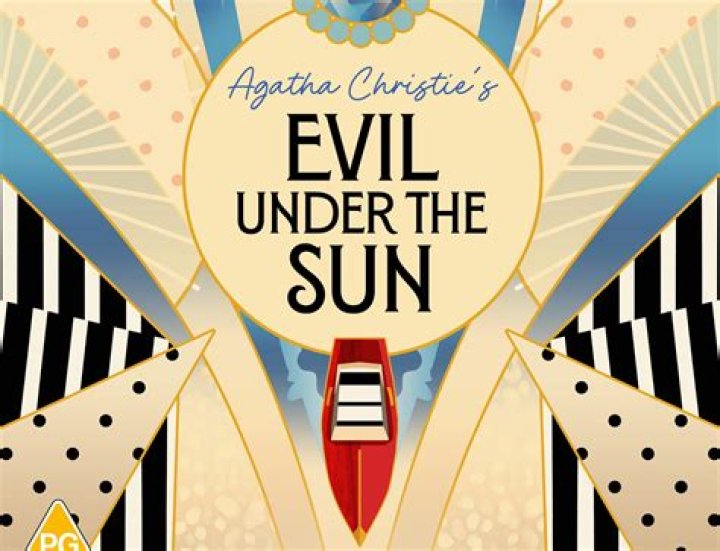 Cover art of Evil Under the Sun showing a woman lying in the sand underneath a seas resort.