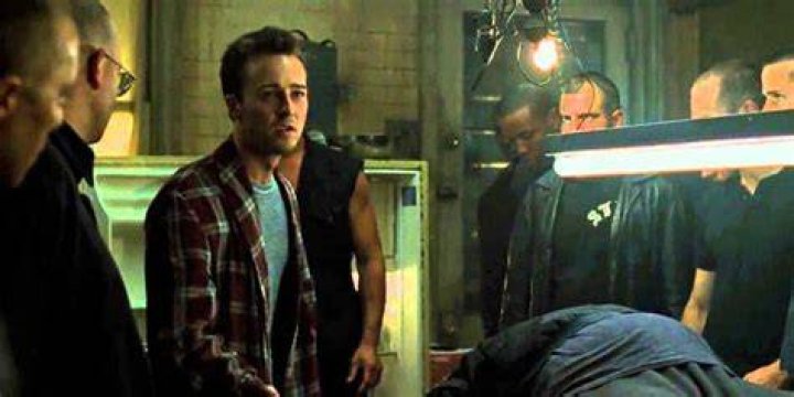 Edward Norton looks distraught over a dead body from Fight Club