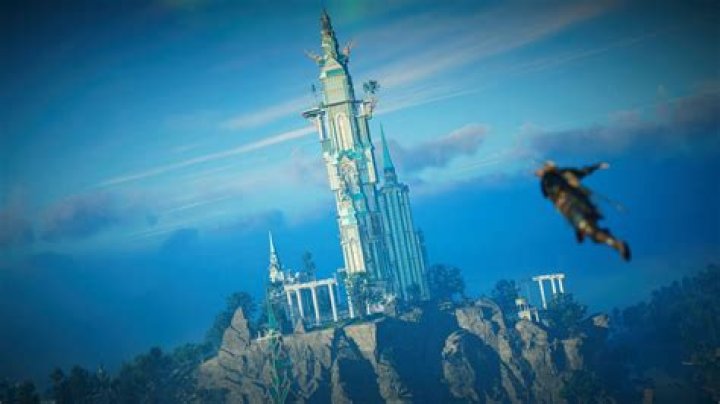 Eivor Jumping with Heimdall's Tower in the background.