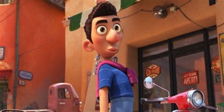 Ercole looking surprised next to his vespa in Luca Pixar 2021
