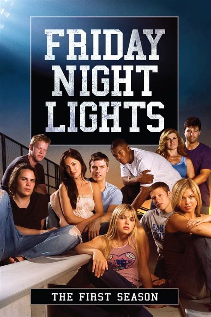 Friday Night Lights season 1 cast in front of a Texas-shaped sign