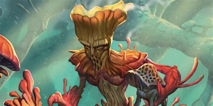 Fungus-like Myconid Sovereign Glut talking to a player character in Baldur's Gate 3.
