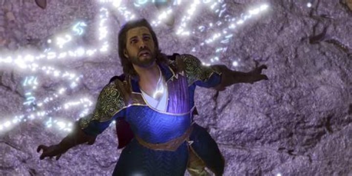 Gale arching his back and looking up in Baldur's Gate 3, with a star symbol made of glowing runes behind him.
