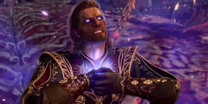 Gale clurching his chest, with his eyes and chest glowing purple in Baldur's Gate 3.
