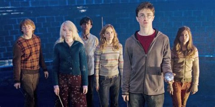 Harry Ron Hermione Neville Luna and Ginny at the Department of Mysteries