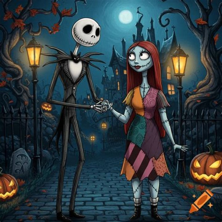 Jack and Sally holding hands in front of the moon in The Nightmare Before Christmas&nbsp;