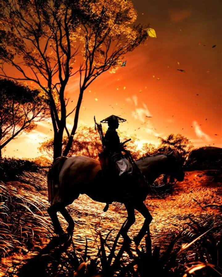 Jin Sakai riding a horse down a field of flowers