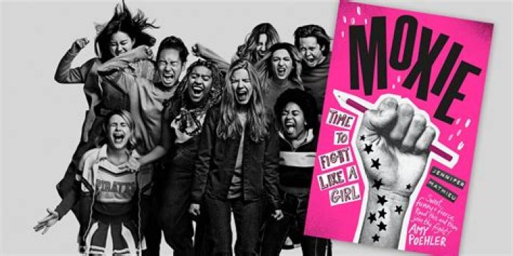 Moxie book cover next to cast of the movie in black and white.