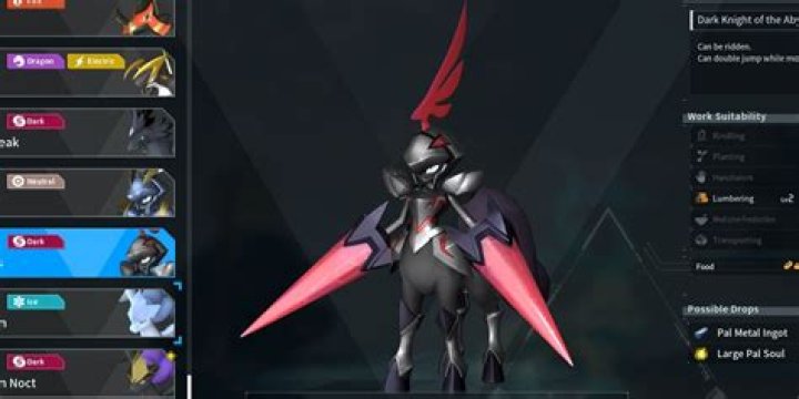 Necromus, a Legendary Dark-type Pal in Palworld, shown in the Paldeck.