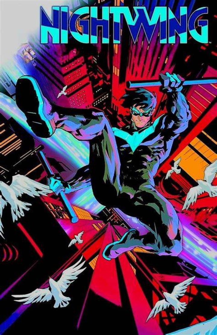 Nightwing stares at a bloody Batman in Batman 126 cover