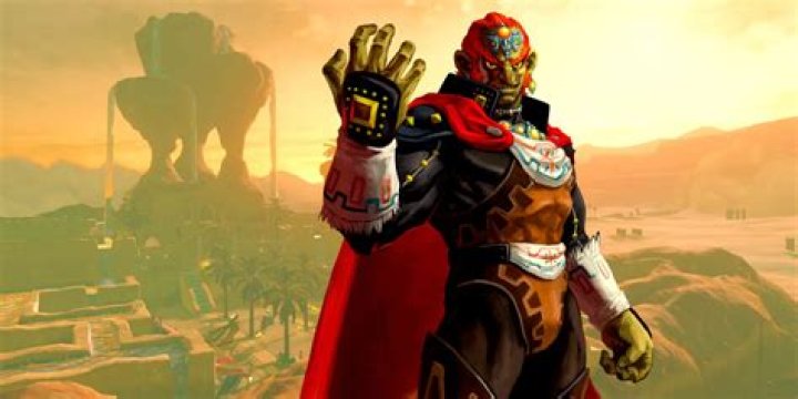 Official artwork of Ganondorf from Ocarina of Time 3D in front of a screenshot overlooking BOTW's Gerudo Town.
