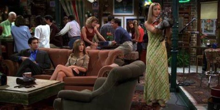 Phoebe Buffay holds a cat in Central Perk in Friends