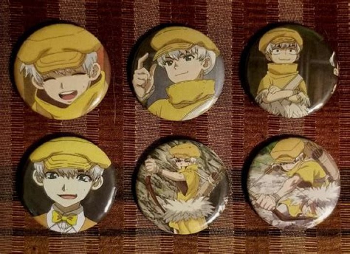 six anime buttons with different characters on them, all showing the
