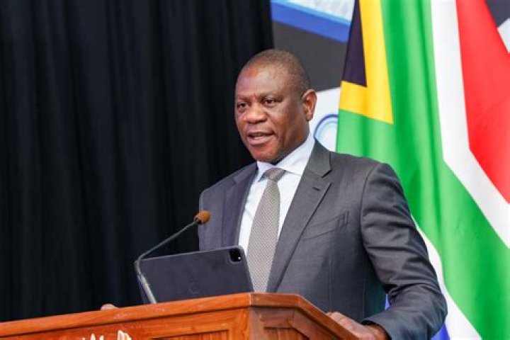 South African President Paul Mashatile welcomes Indian Prime Minister Narendra Modi upon his arrival at Air Force Base Waterkloof ahead of the 15th BRICS summit.
