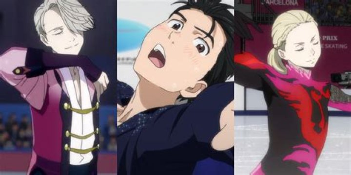 Split image depicting Victor, Yuri, and Yurio skating in Yuri On Ice