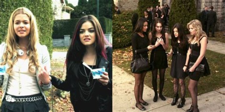 Split image of Ali, Aria, Emily, Spencer, Aria and Hanna on Pretty Little Liars