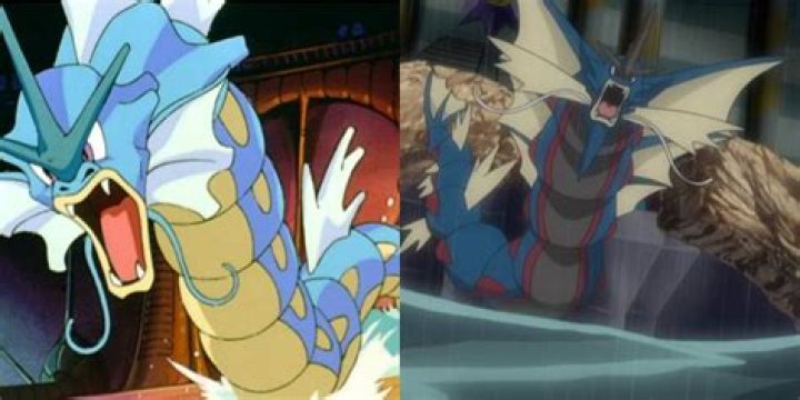 Split image of Gyarados in the anime and official art of Mega Gyarados