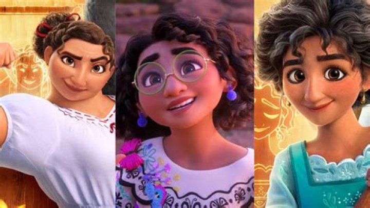 Split image of Luisa flexing, Mirabel smiling, & Julieta holding a broom in Disney's Encanto.