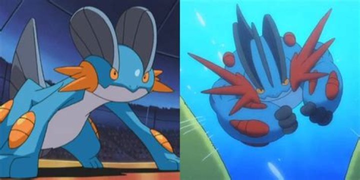 Split image of Swampert and Mega Swampert underwater in the Pok&eacute;mon anime