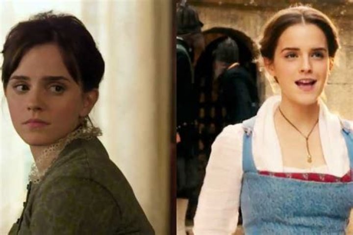 Split image showing Emma Watson in Little Women and Beauty & the Beast.