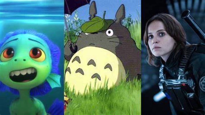 Split image showing Pixar's Luca, Totoro from Studio Ghibli, and Jyn in Rogue One