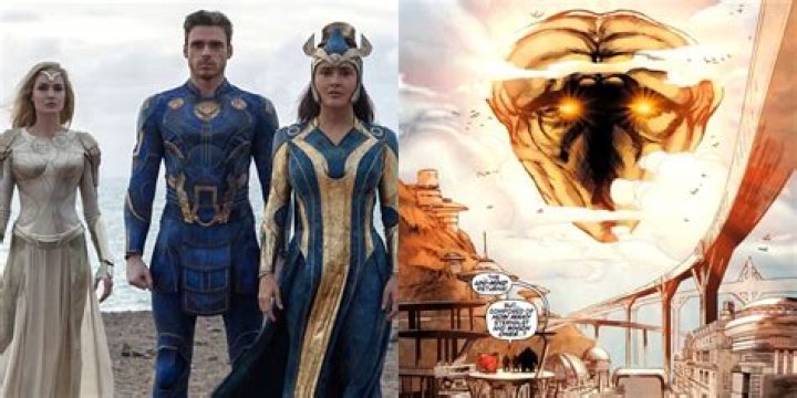 Split image showing Thena, Ikaris, and Ajak in Eternals, and the Uni-Mind in the comics