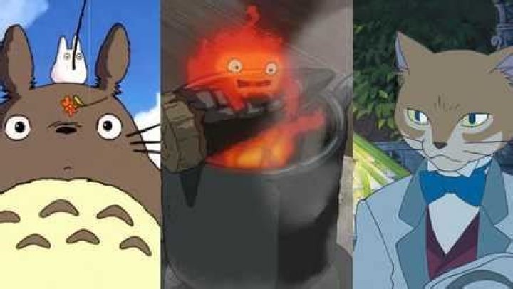 Split image showing Totoro, Calcifer, and the Baron from Studio Ghibli