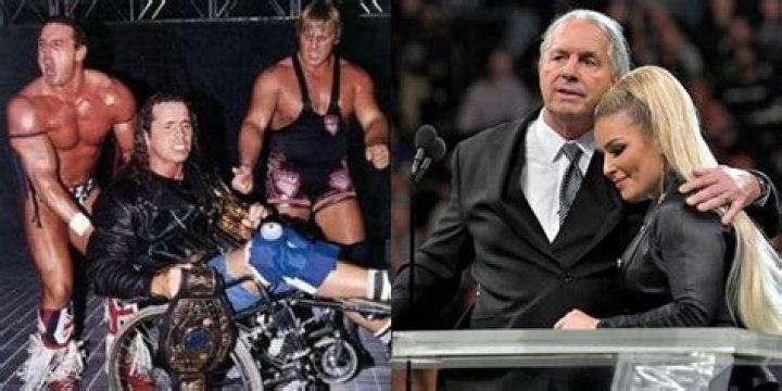 Split screen. Bret Hart being pushed around in a wheelchair. Bret Hart and Natalya Hall Of Fame induction.