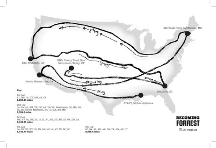 The map marking Rob Pope's five legs across the US. File / Supplied
