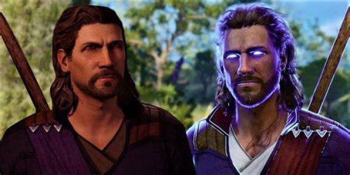 Two images of Gale, one with glowing purple eyes, in front of forest background.
